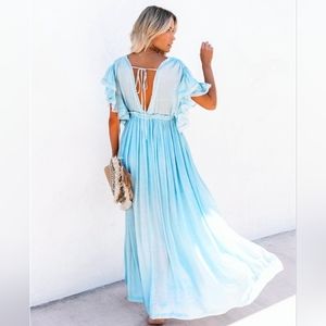 New Flowy Gauze Cover Up Maxi Dress Deep Plunge Beach Summer Bikini Blue